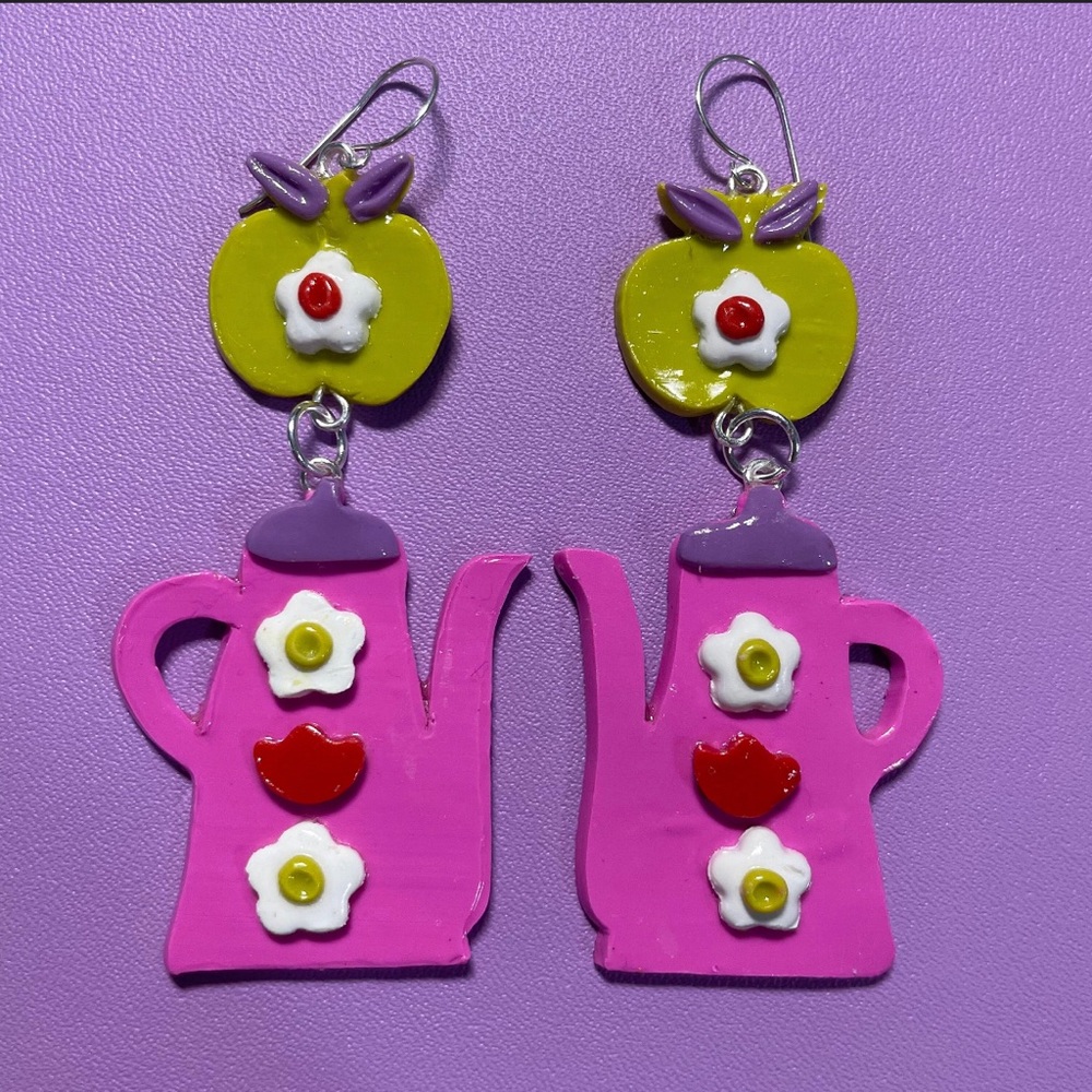 COPY - Technicolor Teakettle - Hot Pink & Lime Green Polymer Clay Long Dangle E…